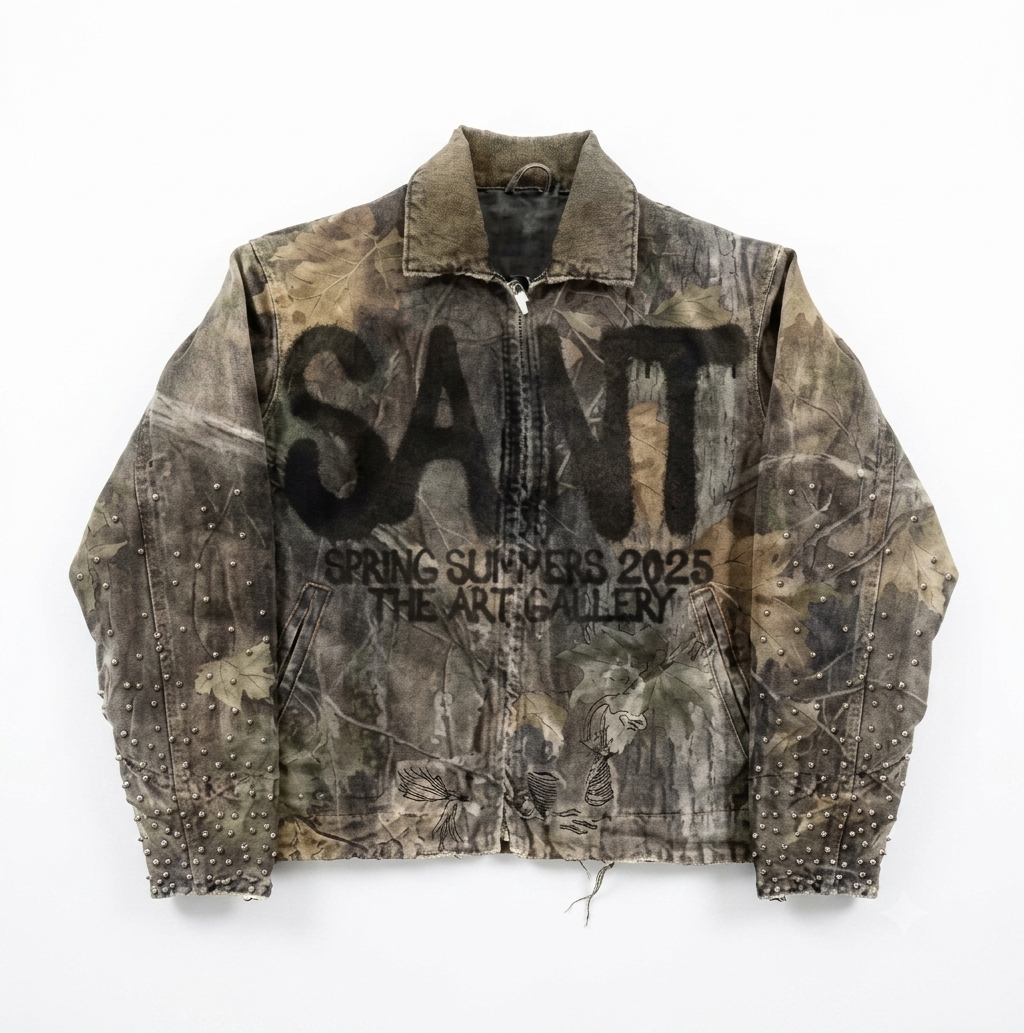 Y2K Avant-Garde Distressed Leaf Camo Studded Jacket