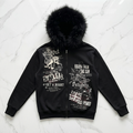 Fur Gothic Y2K Skulls & Web Black Furry Hooded Zip-Up Jacket