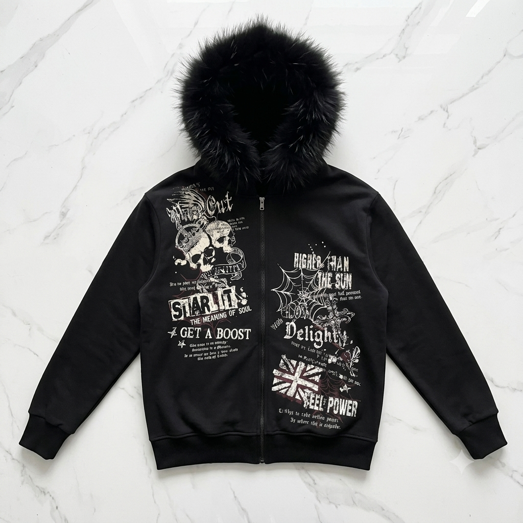 Fur Gothic Y2K Skulls & Web Black Furry Hooded Zip-Up Jacket