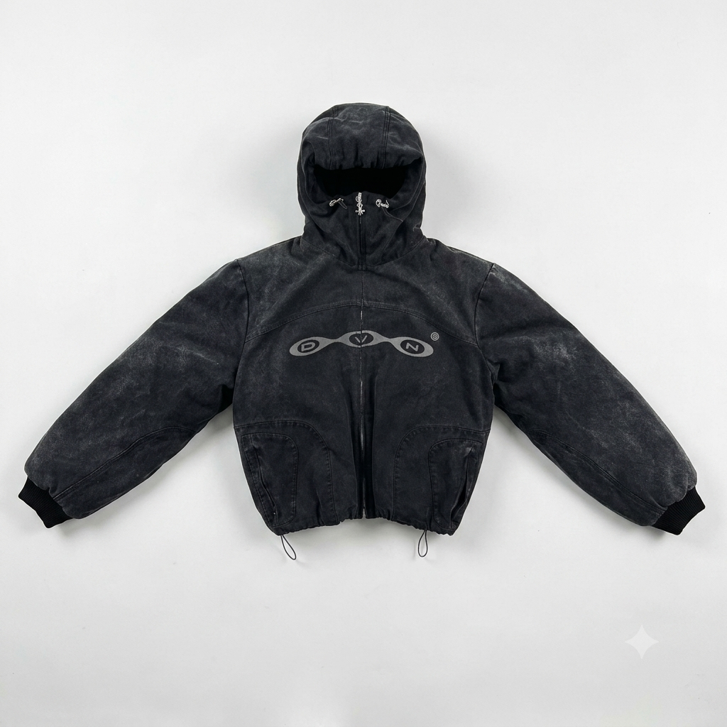 Y2K Cyber Opium Washed Black Hooded Puffer Jacket