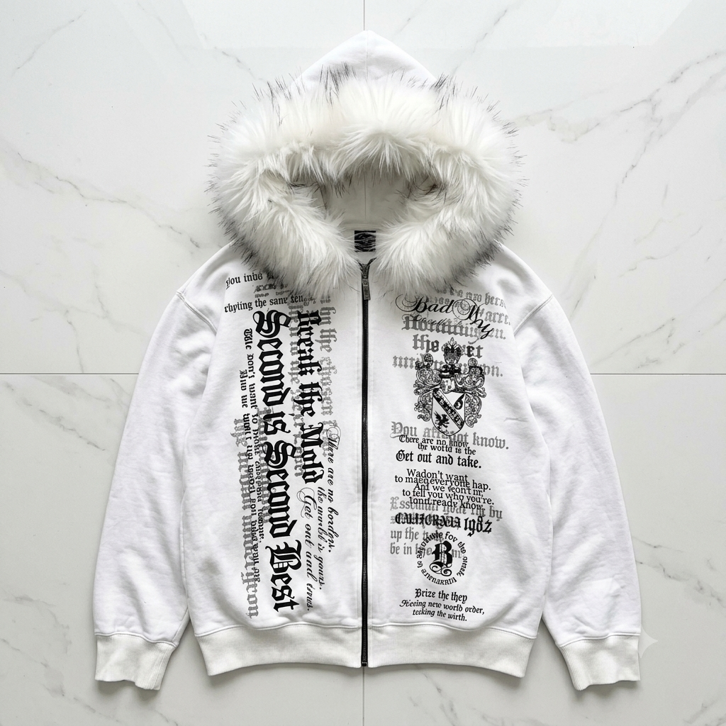 Gothic Fur Y2K White Furry Hooded Zip-Up Jacket