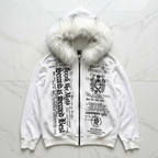 Gothic Fur Y2K White Furry Hooded Zip-Up Jacket