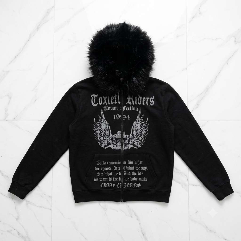 Y2K Fur Gothic Grunge Black Furry Hooded Zip-Up Jacket