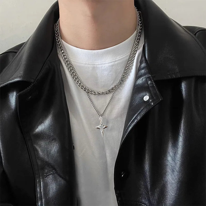 Hip Hop Double Layered Cuban Star Pendant Necklace Titanium Steel