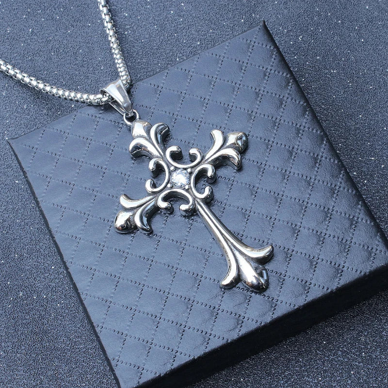Gothic Vintage Silver Color Cross Pendant Hip-hop Trend  Necklace