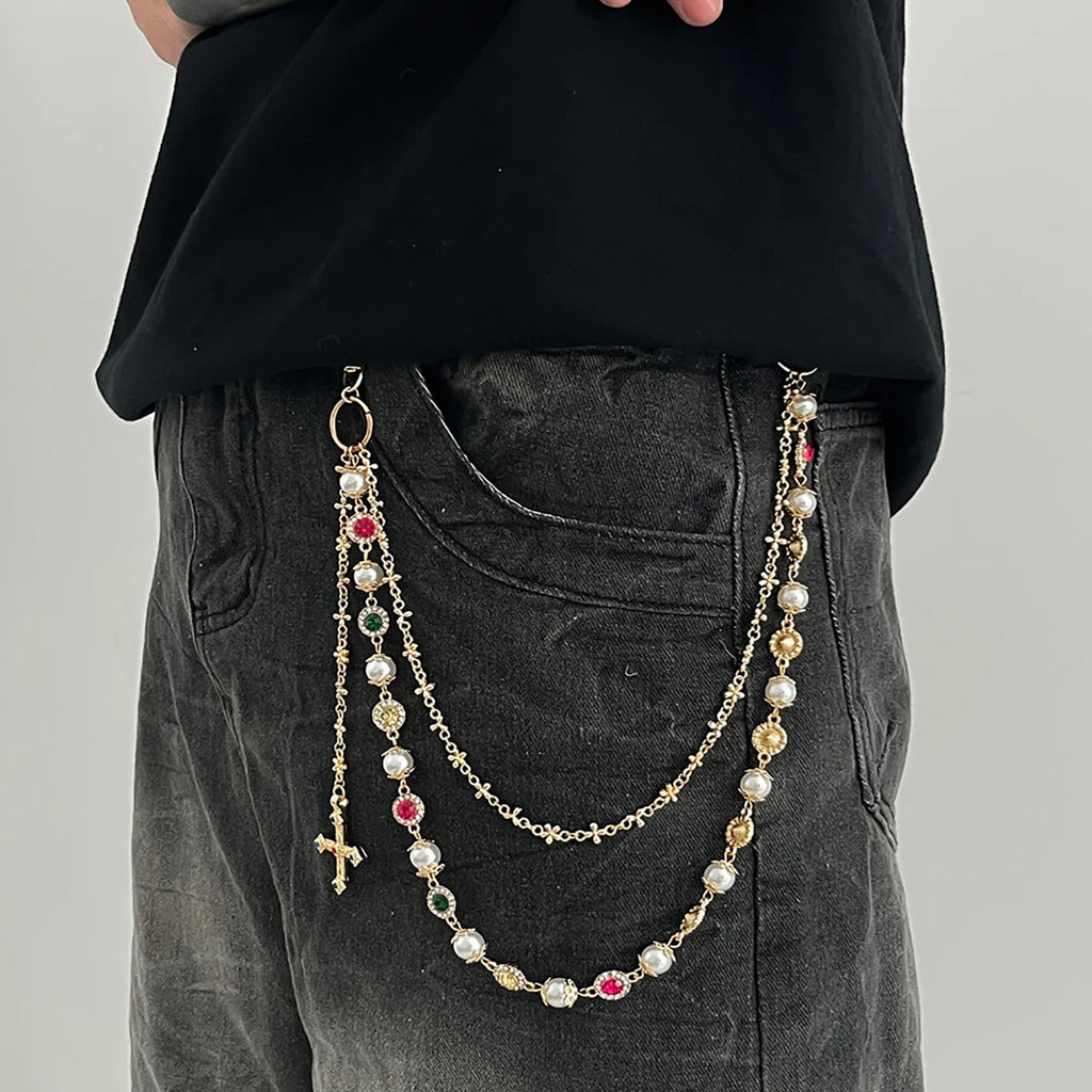 Salircon New Exquisite Luxury Cross Pendant Imitation Pearl Keychain Belt Chain