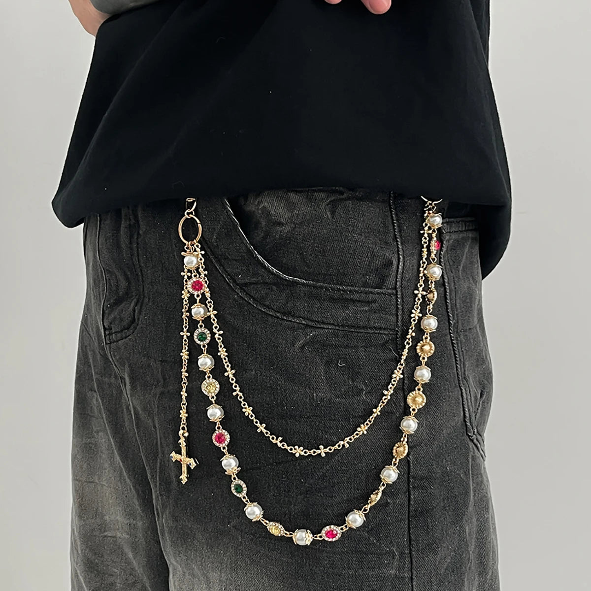 Salircon New Exquisite Luxury Cross Pendant Imitation Pearl Keychain Belt Chain