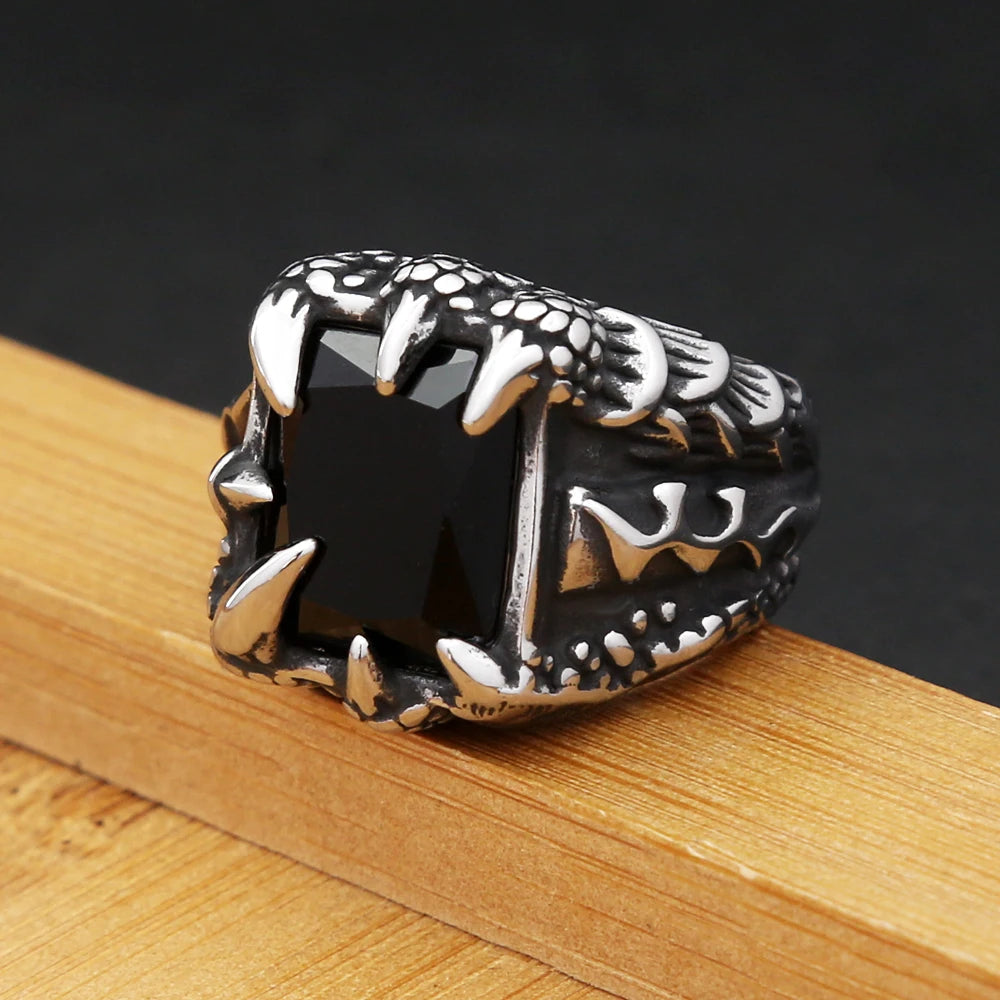 Gothic Vintage Dragon Claw Punk Hip Hop Stainless Steel Black Stone Ring