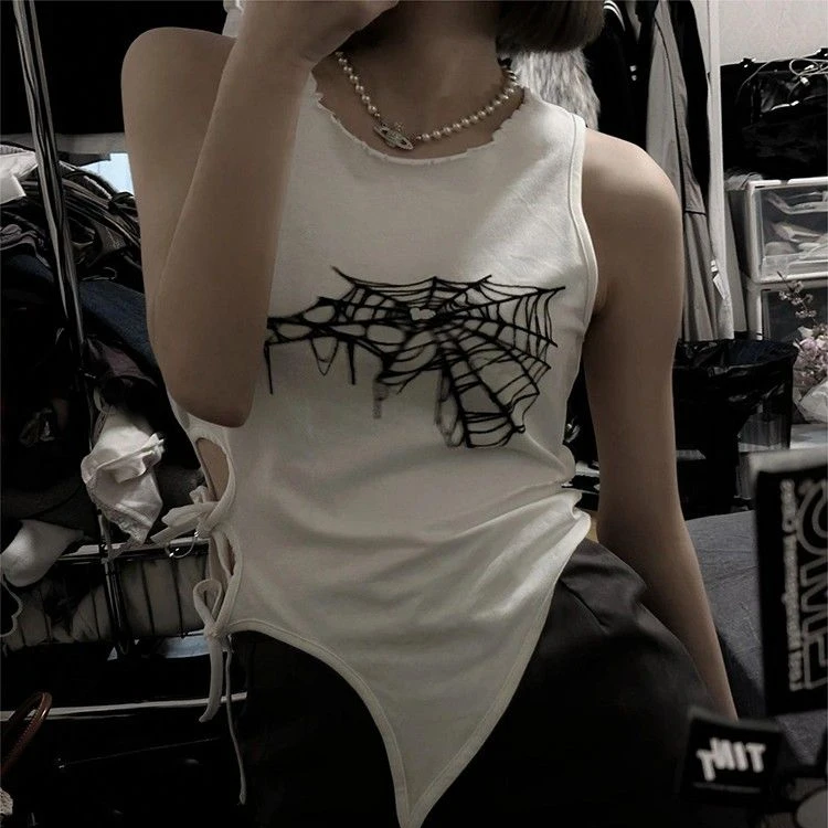 Summer Spider Web Print Tank Tops Y2k Streetwear Crop Top