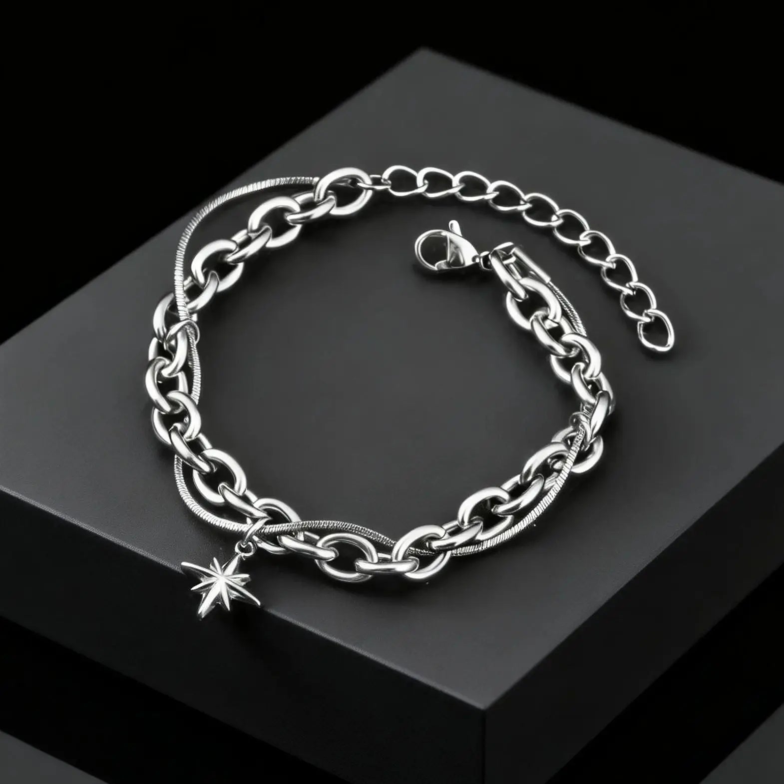 Retro Silver Color  Double-layer Bracelet Hip Hop Punk