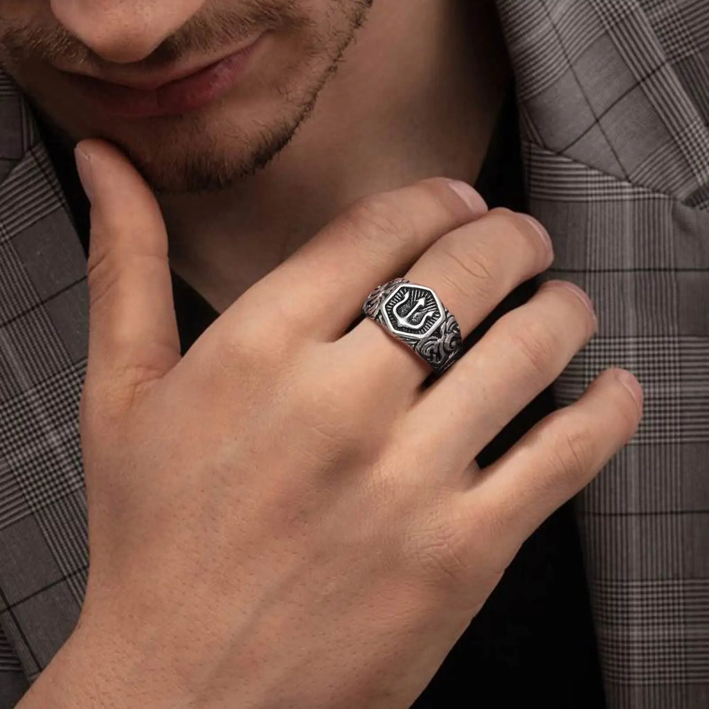 Tridant Signet Stainless Steel Geometric Rings