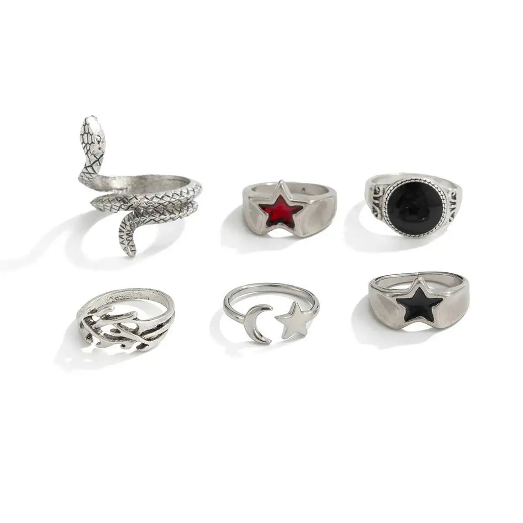 Set 6 Pieces Creative Irregular Snake Stars Open Rings