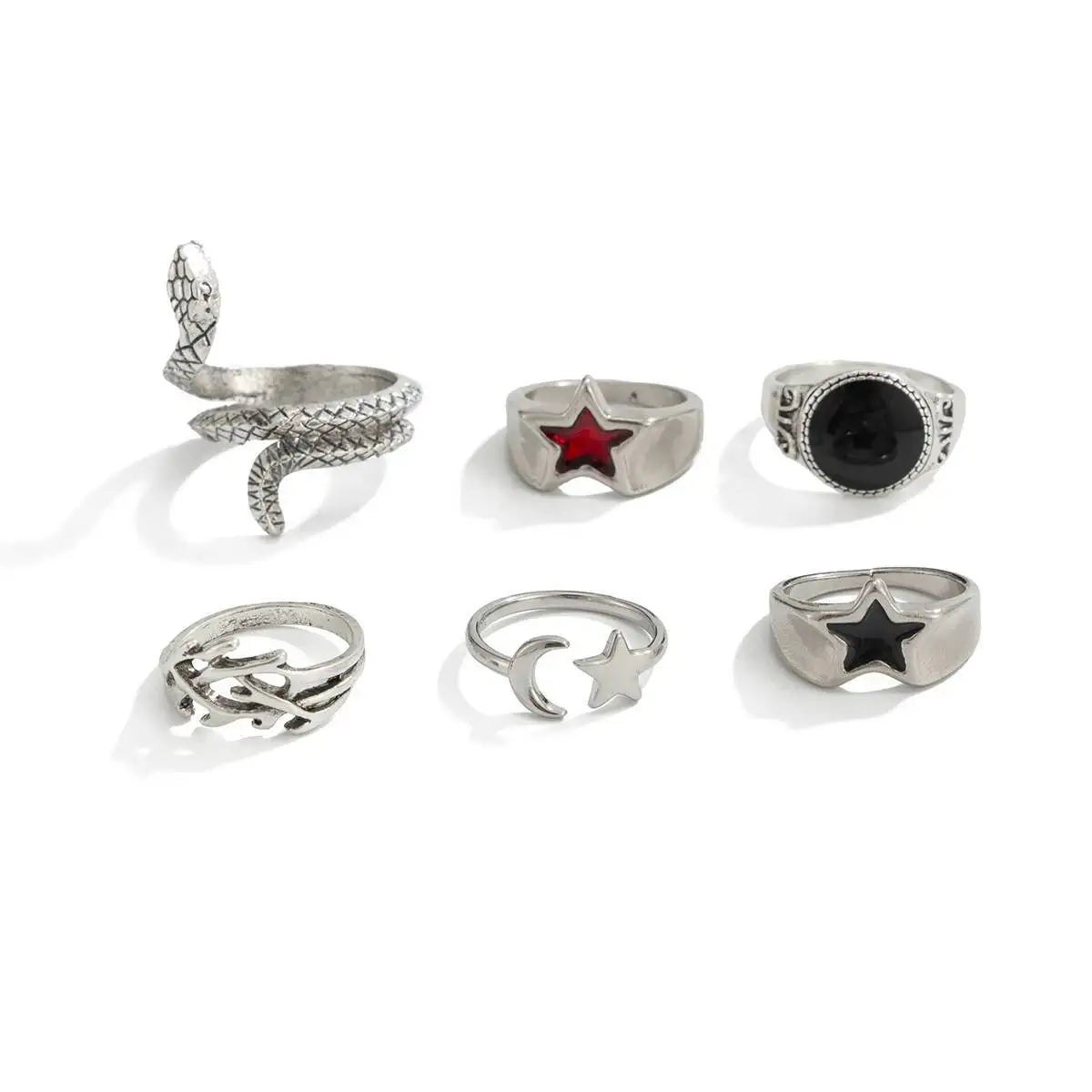 Set 6 Pieces Creative Irregular Snake Stars Open Rings