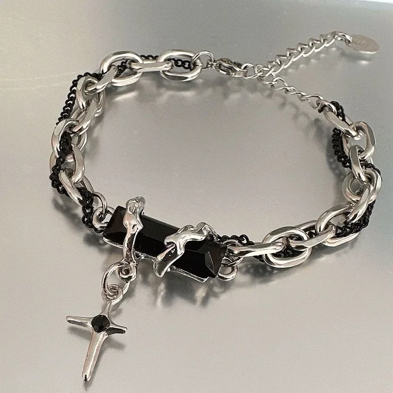 Retro Black Zircon Star Chain Stainless Steel Punk Bracelets Accessories