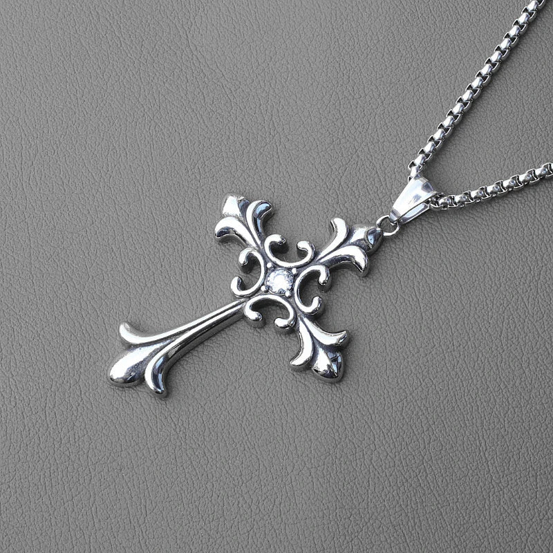 Gothic Vintage Silver Color Cross Pendant Hip-hop Trend  Necklace