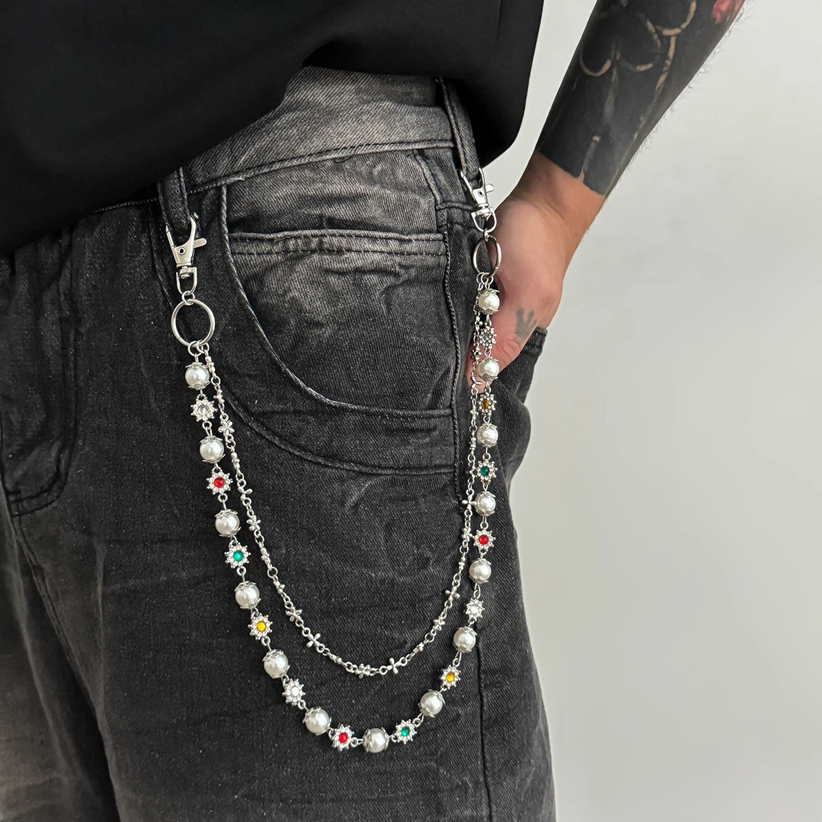 Salircon New Exquisite Luxury Cross Pendant Imitation Pearl Keychain Belt Chain