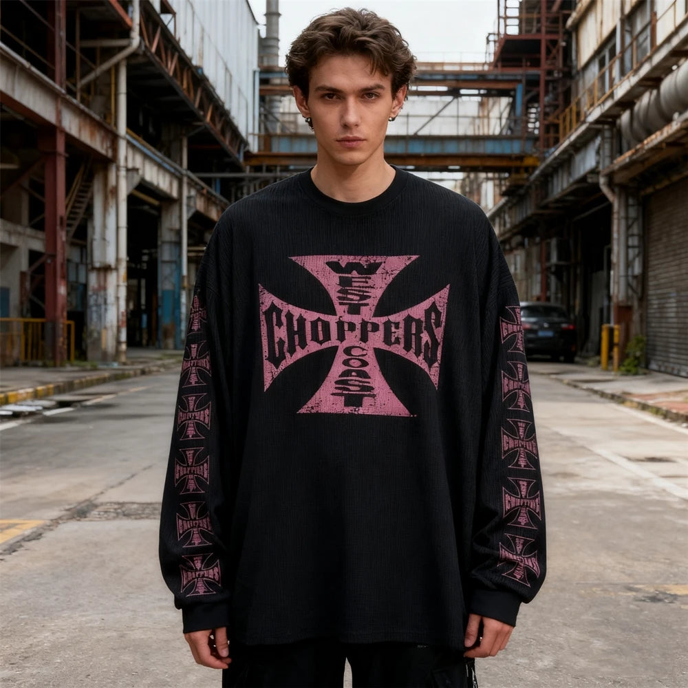 American Style Streetwear Quality Waffle Fabric Printed Tops Oversized Long Sleeves