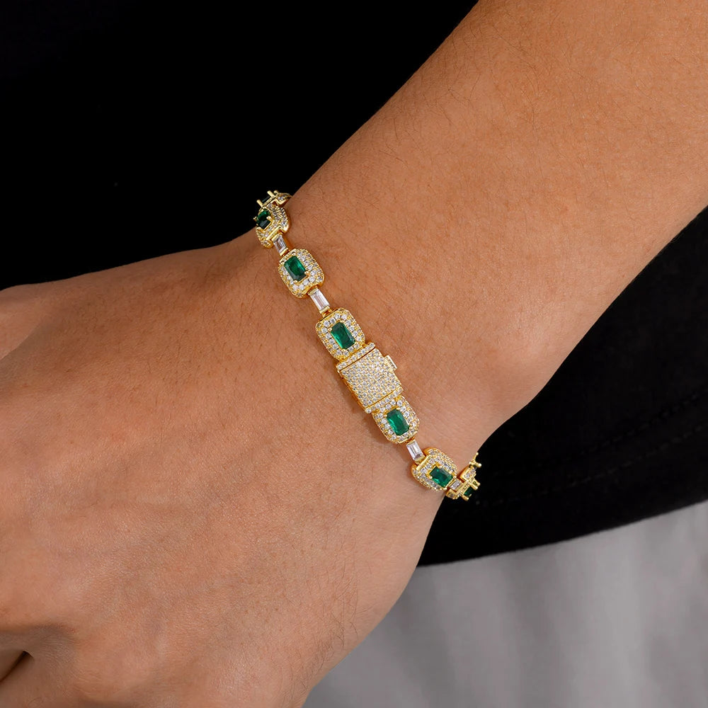 Iced Emerald Cushion Cut Diamond Bracelet White Gold Inlaid Green