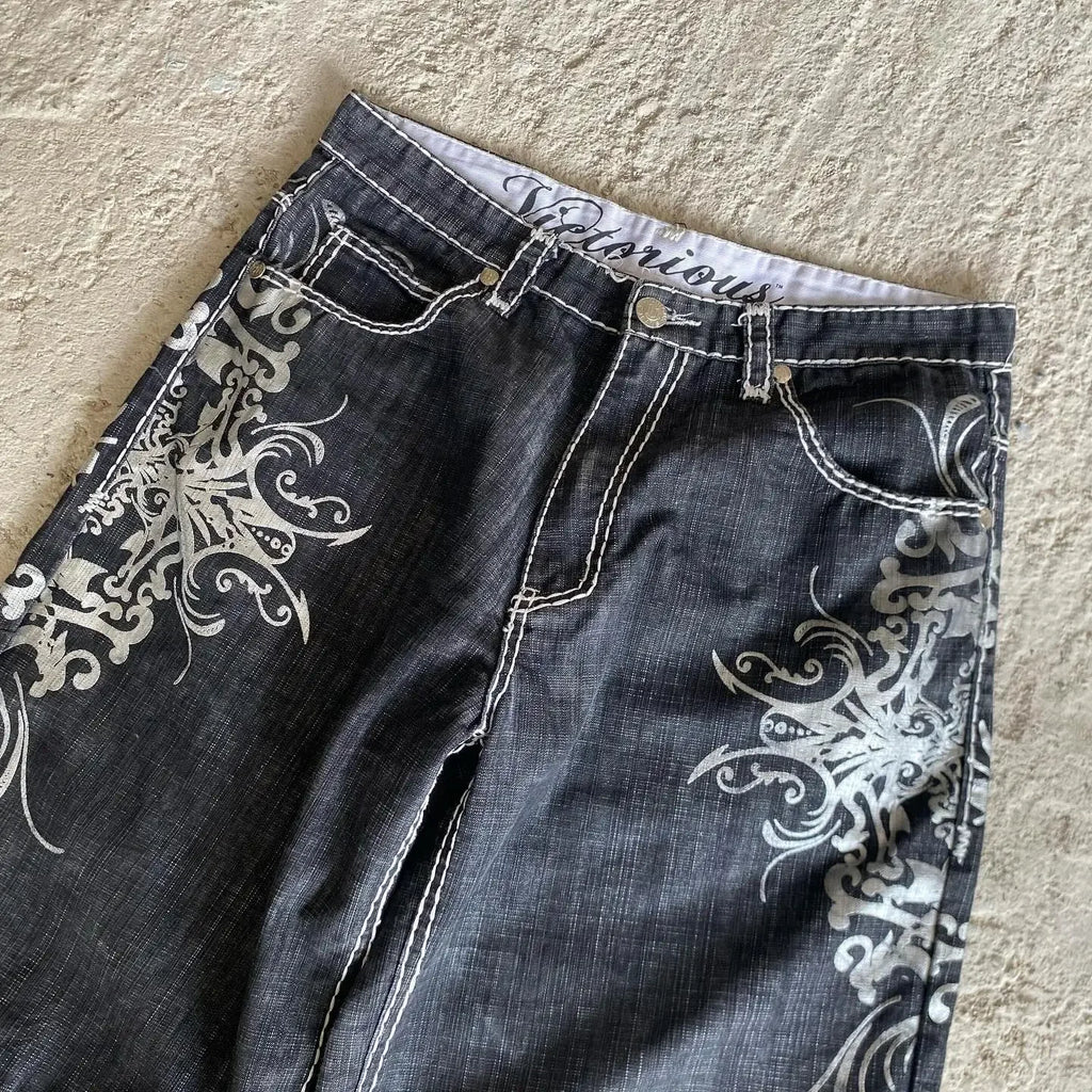 Y2K Grunge Cyber Gothic Embroidered Denim Shorts