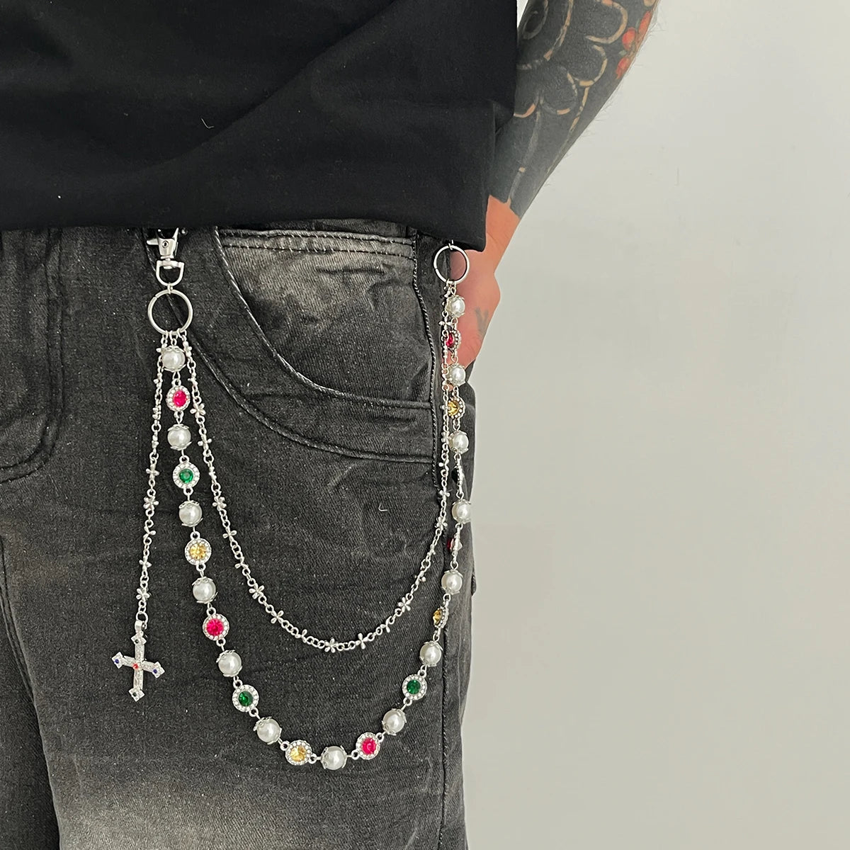 Salircon New Exquisite Luxury Cross Pendant Imitation Pearl Keychain Belt Chain
