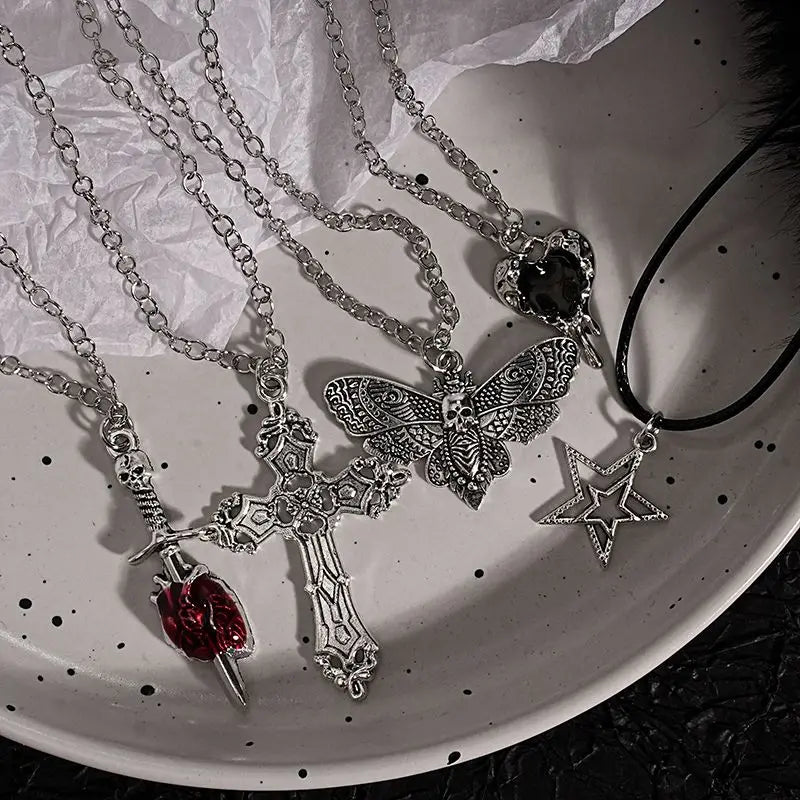 Gothic Set Vintage Punk Heart Snake Butterfly Charm Necklaces