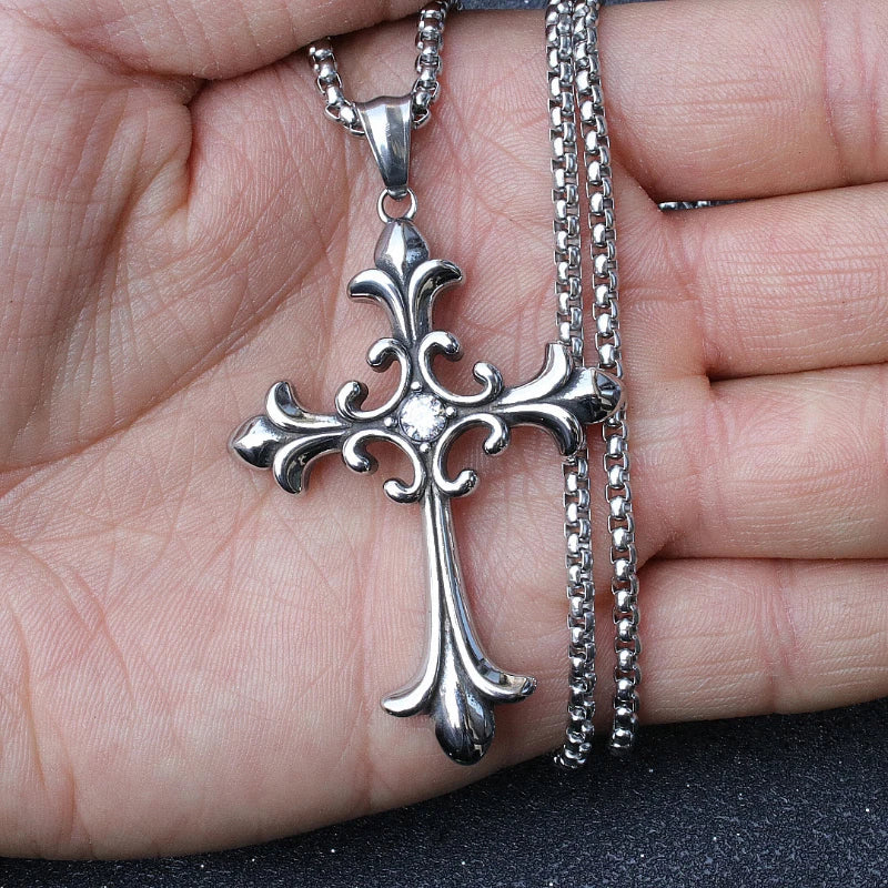Gothic Vintage Silver Color Cross Pendant Hip-hop Trend  Necklace