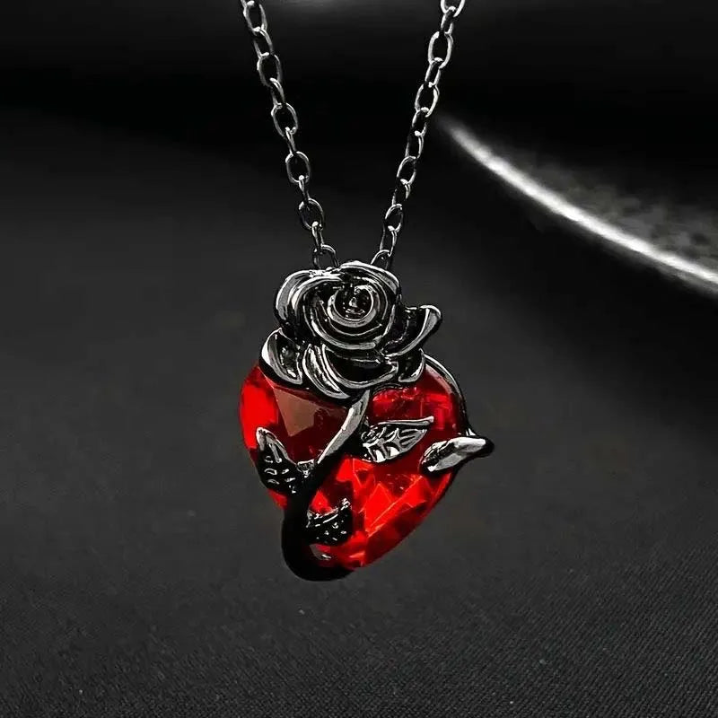 Y2K Bow Heart Pendant Necklace Gothic Red Accessories