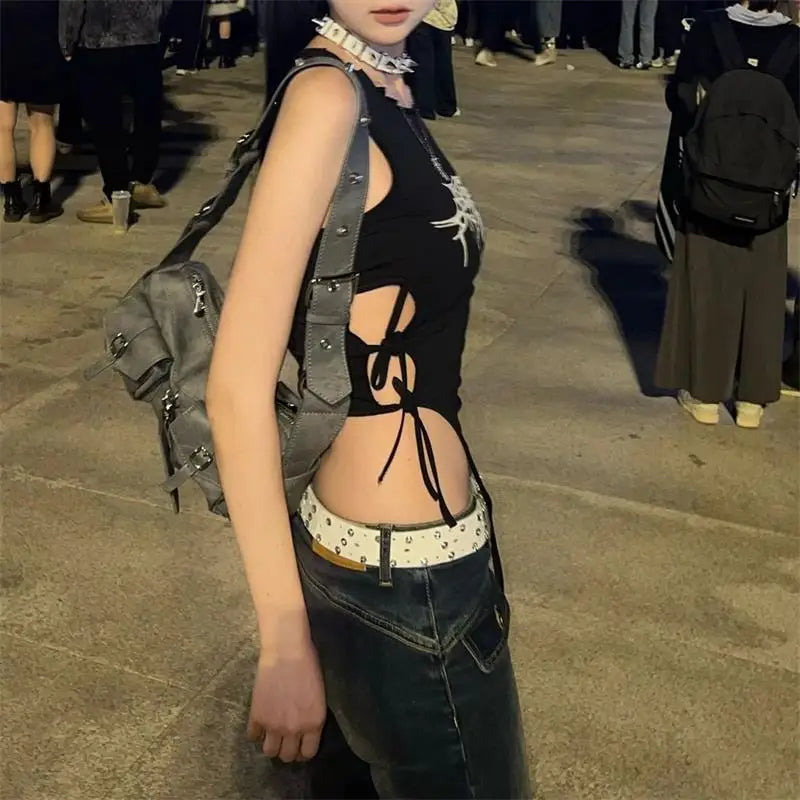 Summer Spider Web Print Tank Tops Y2k Streetwear Crop Top