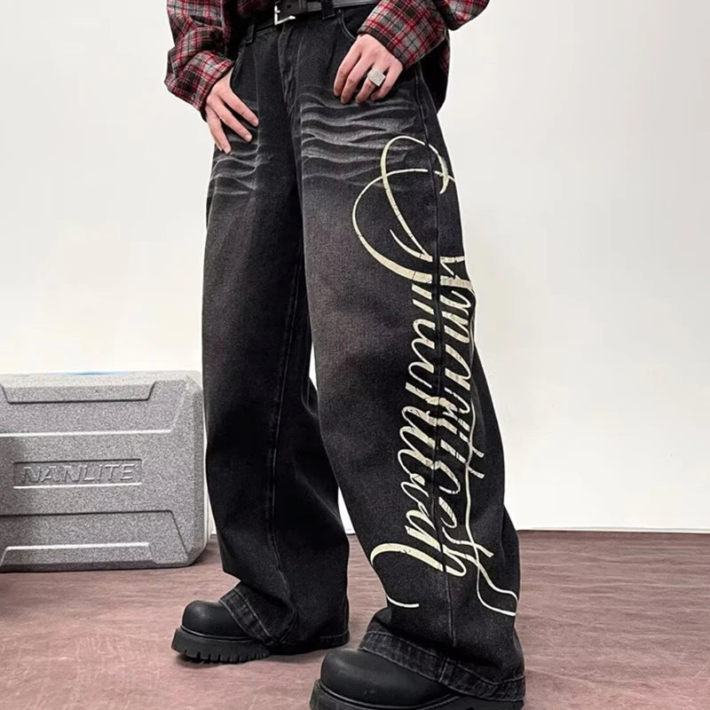 Letter Printed Straight-Leg Baggy Jeans Hip Hop American Retro Y2K Streetwear Jean