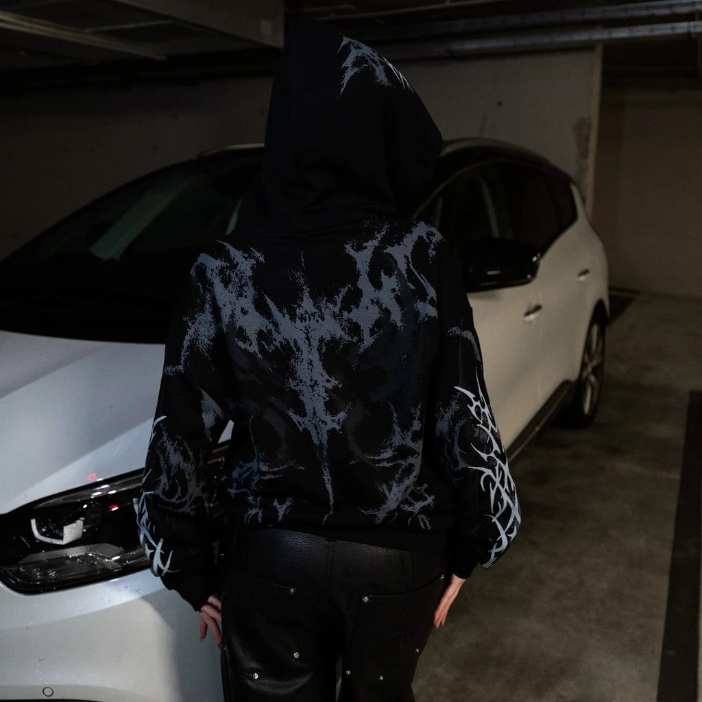 Y2K Cyber Opium Spider Graphic Black Zip-Up Hoodie