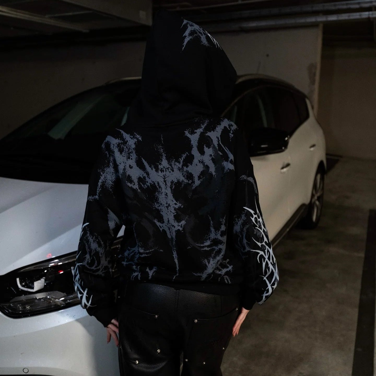 Y2K Cyber Opium Spider Graphic Black Zip-Up Hoodie