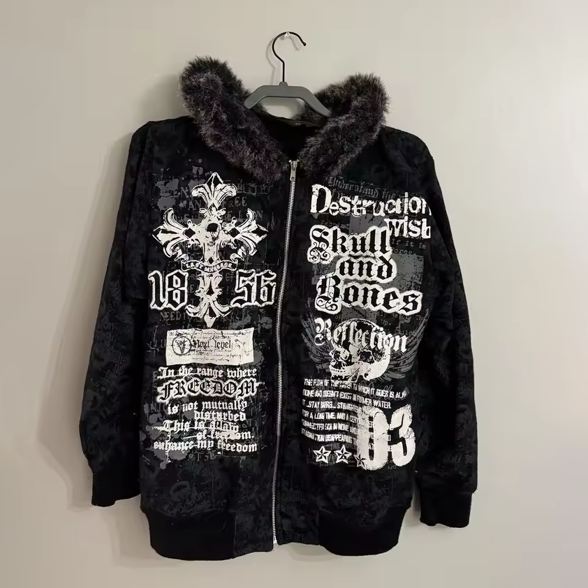 Y2K Fur Cyber Grunge Skull & Cross Faux Fur Zip-Up Hoodie