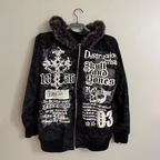 Y2K Fur Cyber Grunge Skull & Cross Faux Fur Zip-Up Hoodie