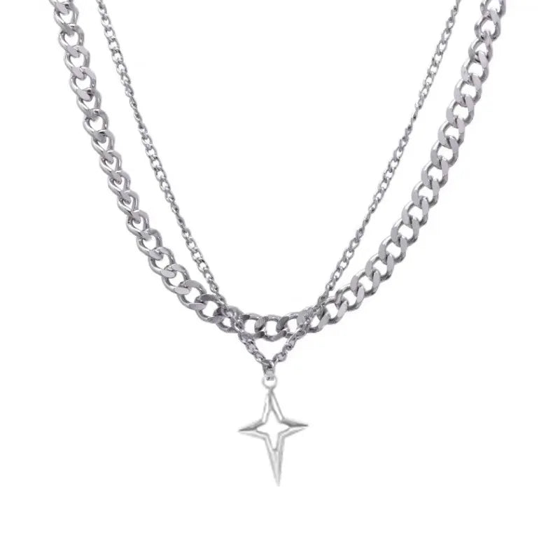 Hip Hop Double Layered Cuban Star Pendant Necklace Titanium Steel