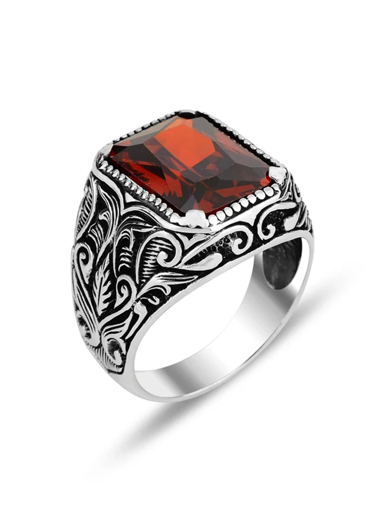 Vintage Turkish Signet RingAncient Silver Color Carved Ring Red Punk Motor Biker