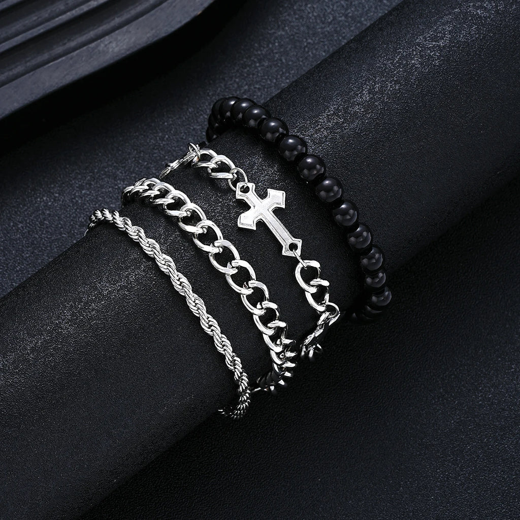 4 Pieces Stainless Steel Bracelet Set Punk Cross Beads Chain Bracelets