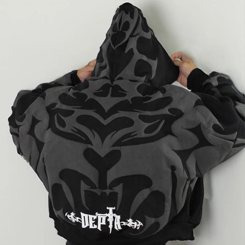 Y2K Opium Core Tribal Tribal Graphic Oversized Heavyweight Zipper Hoodie