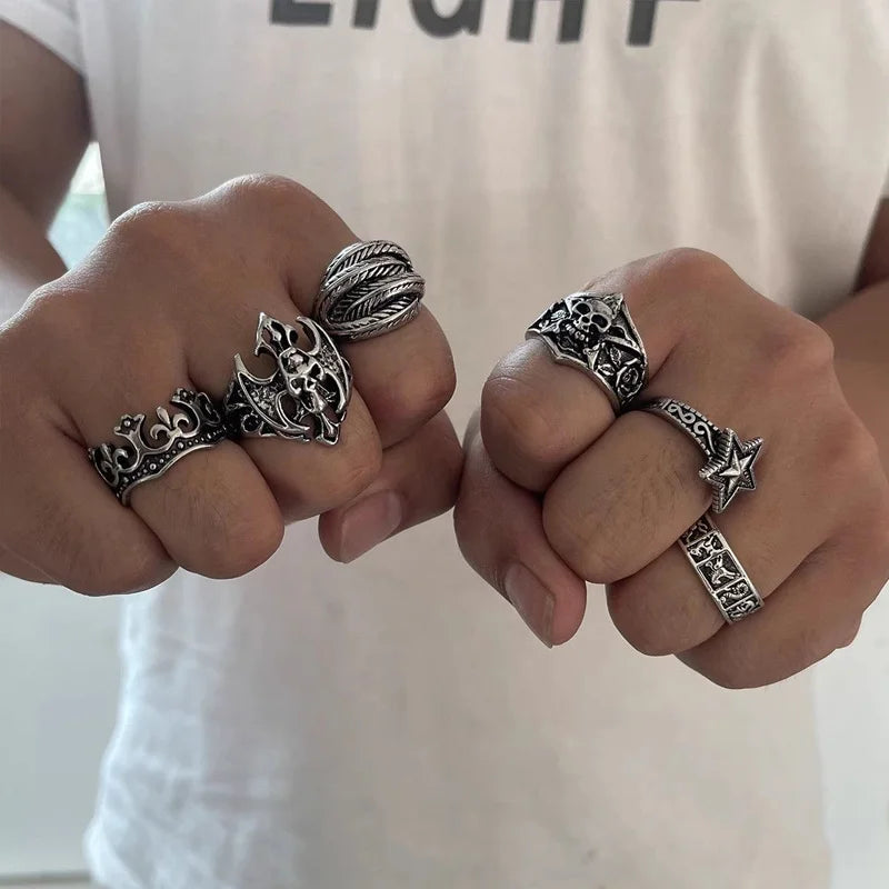 Set 6 Pieces Halloween Gothic Metal Skull Head Five Point Star Adjustable Ring