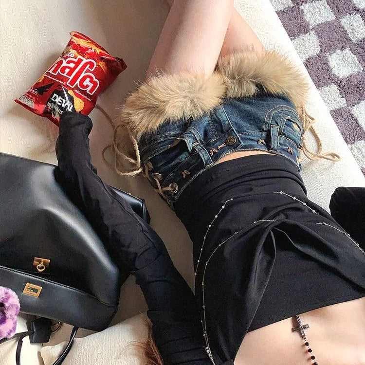 Y2K Winter New Women's Retro Design Fluffy Splicing Jeans Shorts