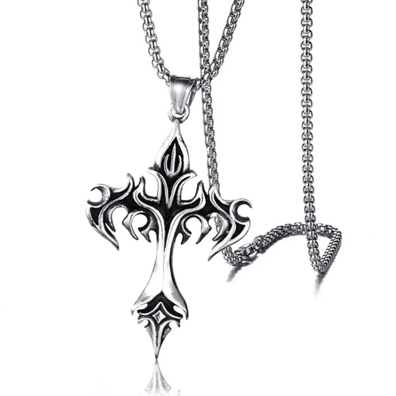 Vintage Flame Cross Pendant Necklace