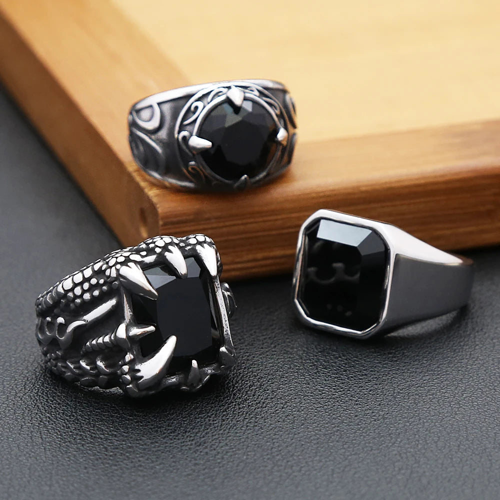 Gothic Vintage Dragon Claw Punk Hip Hop Stainless Steel Black Stone Ring