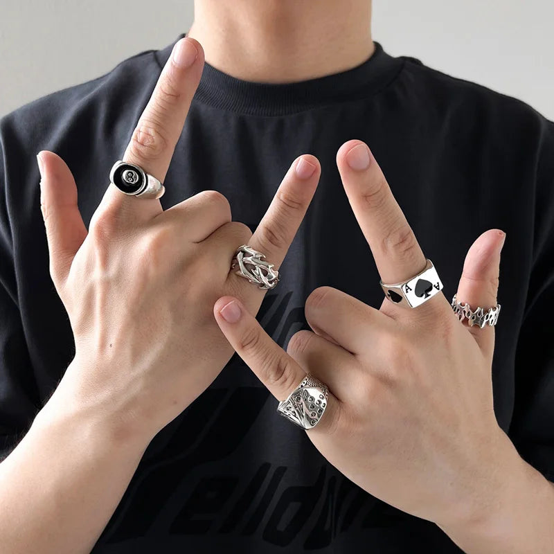 Punk Poker Joker Silver Color Rings for Men & Women Goth Skeleton Billiards Set