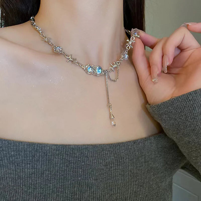 JWER Trendy Bling Moonstone Star Cross Pendant Necklace for Women Punk Hip Hop Star Chain CrystalNecklace Party Y2K Jewelry Gift
