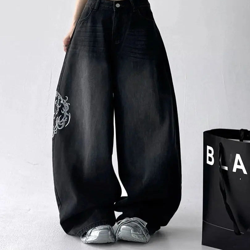 High Street Women Vintage Embroidery Y2K Baggy Jeans American Retro