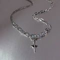 JWER Trendy Bling Moonstone Star Cross Pendant Necklace for Women Punk Hip Hop Star Chain CrystalNecklace Party Y2K Jewelry Gift