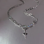 JWER Trendy Bling Moonstone Star Cross Pendant Necklace for Women Punk Hip Hop Star Chain CrystalNecklace Party Y2K Jewelry Gift