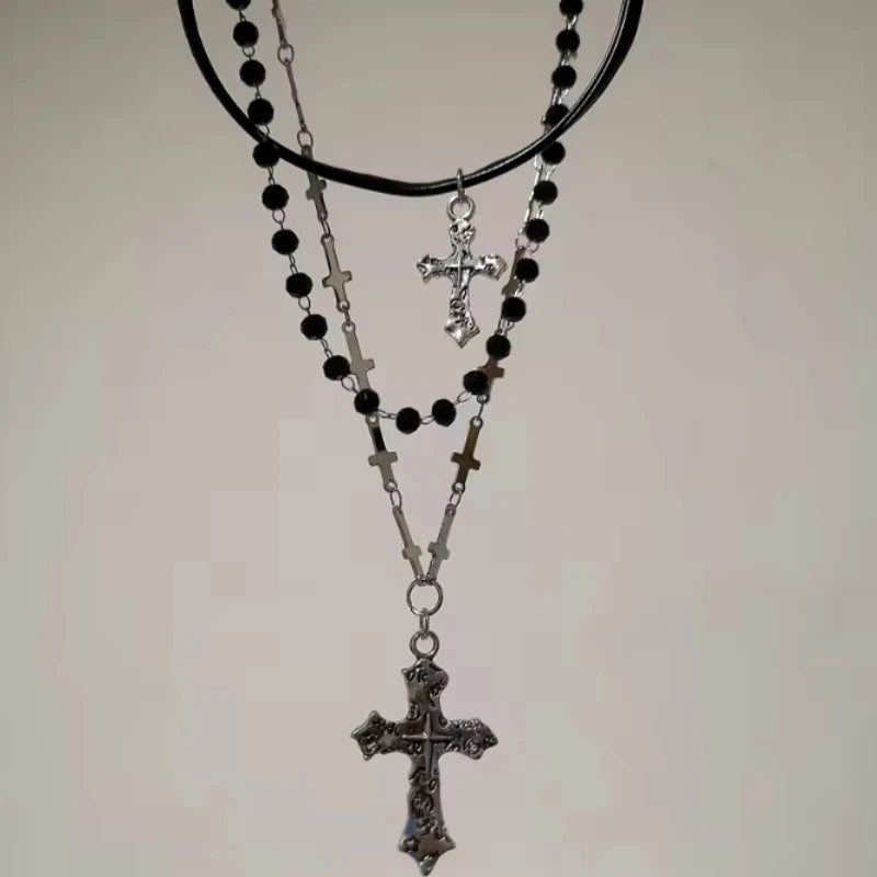 Gothic Punk Style Y2k Bead Cross Pendant Necklace Multi-layer Retro Trendy Accessory Jewelry