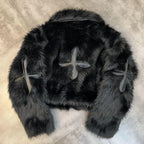 Winter Cotton Jacket Lapel Long Sleeve Patch Cross Short Fur Coat
