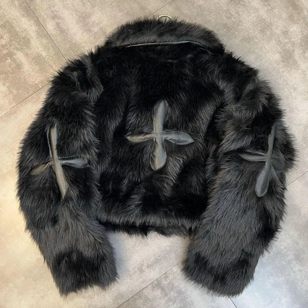 Winter Cotton Jacket Lapel Long Sleeve Patch Cross Short Fur Coat