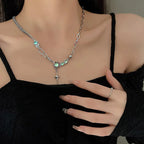 JWER Trendy Bling Moonstone Star Cross Pendant Necklace for Women Punk Hip Hop Star Chain CrystalNecklace Party Y2K Jewelry Gift